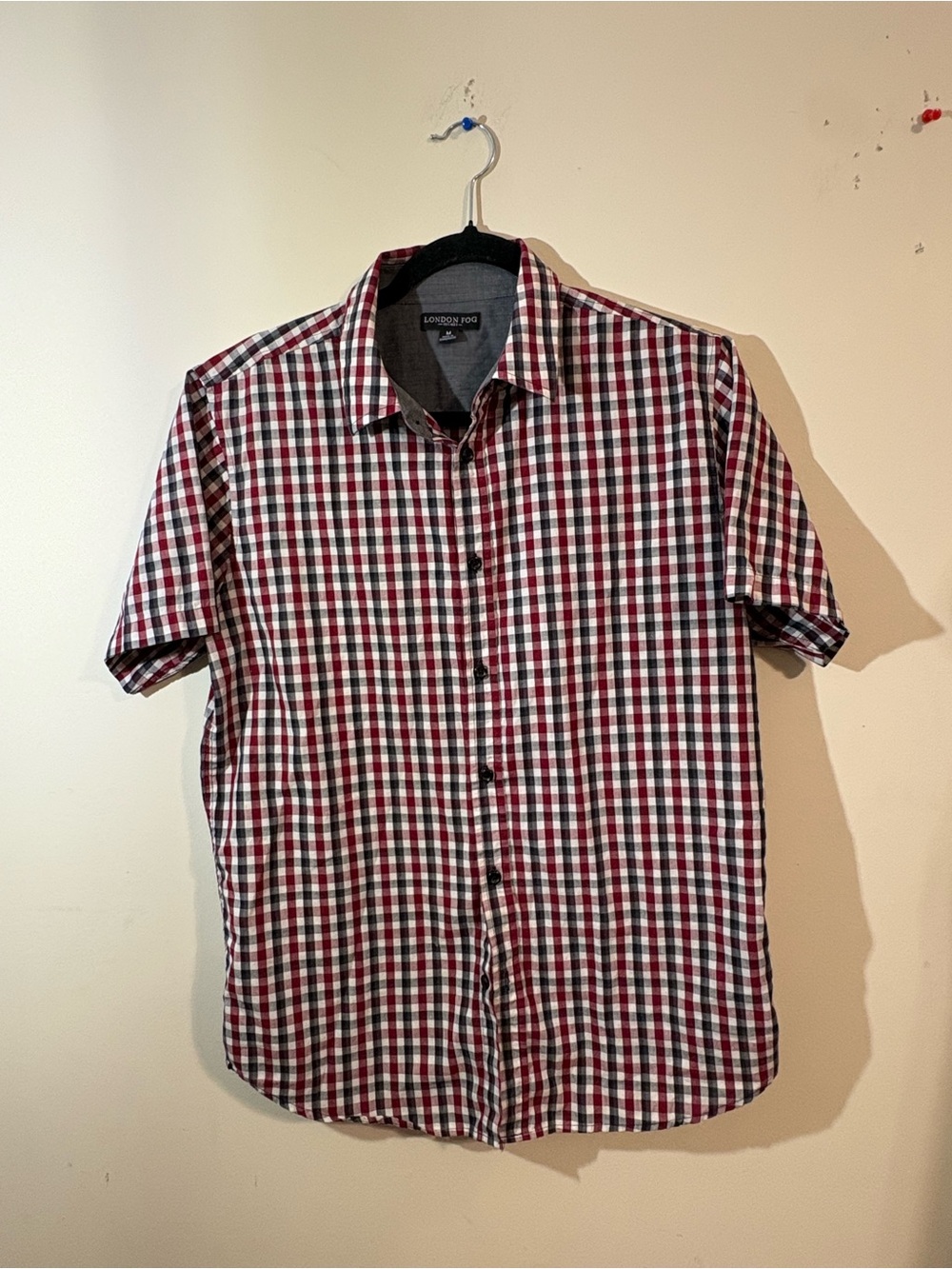 London Fog shirt Mens‎ medium Red Blue Plaid Button down short Sleeve Cotton